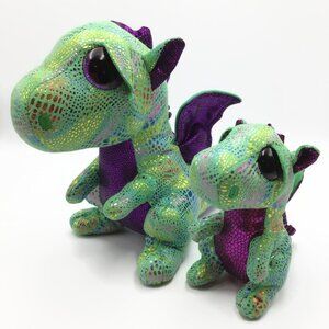 Ty Beanie Boos Cinder Dragons Plush Lot 6" & 10" Green with Glitter Eyes